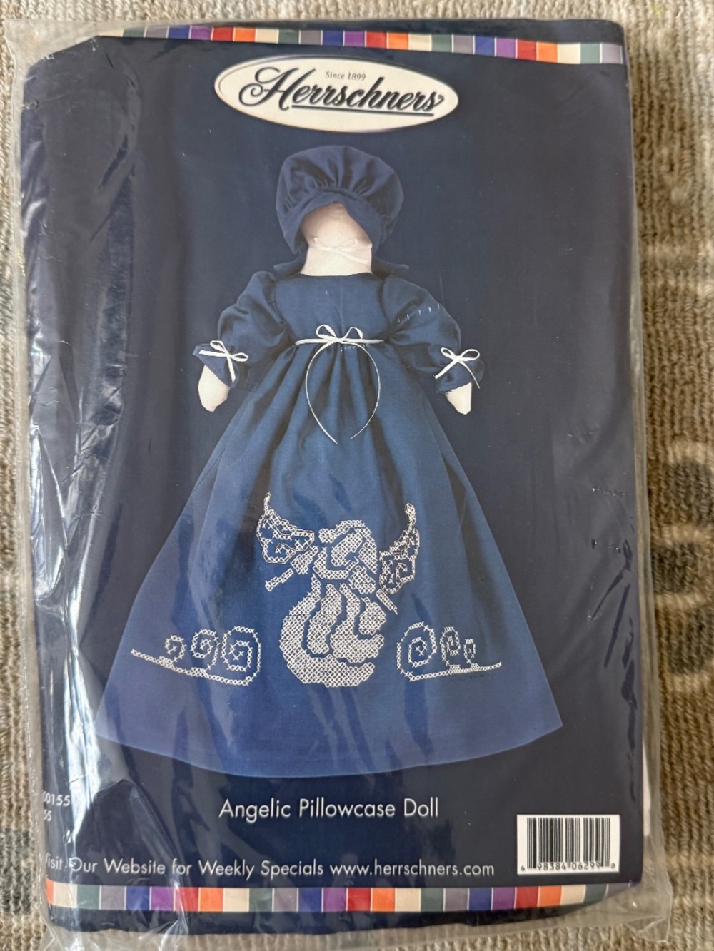 Angelic Needlepoint Cross-stitch Pillowcase Doll Kit by Herrschners Blue